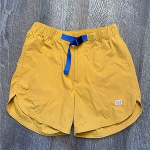 Topo Designs Mustard Yellow Athletic Shorts with Blue Drawstring